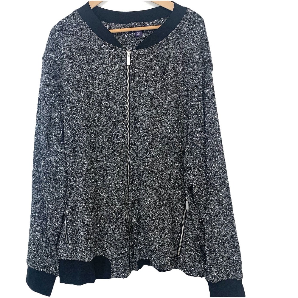 Roamans Full Zip Bomber Jacket Woman 3X Black Texture Lined Pockets Stretch Knit